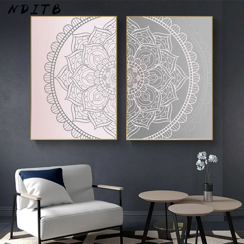 

Pink Gray Mandala Abstract Canvas Poster Boho Living Room Decoration Wall Art Geometric Print Painting Decorative Picture Modern