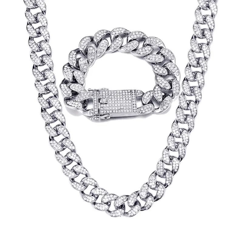 Хип-хоп 1 комплект 20 мм полный тяжелый Iced Out проложили Стразы кантри кубинская цепь CZ Bling Рэппер браслет ожерелья для мужчин ювелирные изделия