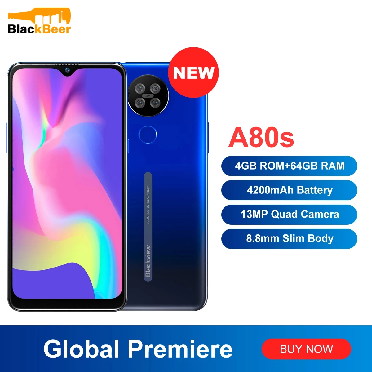 

Blackview A80s 6.21 Inch 4G Mobile Phone 4GB+64GB Android 10 Smartphone 13MP Quad Rear Cameras Telephone 4200mAh Face ID Unlock