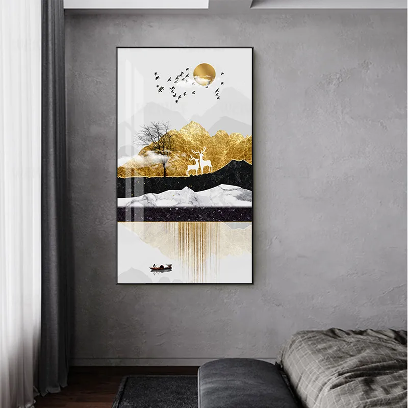 Абстрактная Золотая фольга холст живопись современное золото солнце олень