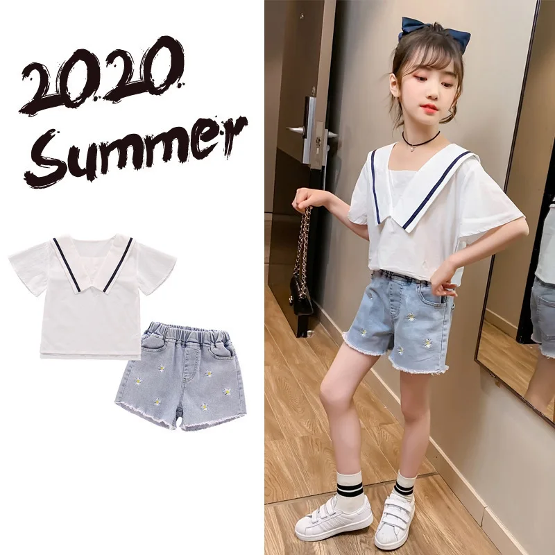 

2PCS Big Kid Navy Style Top+denim Shorts Sets Daisy Hot Pants Girl Jeans Shorts Girls Summer Set Kids Fashion Girls 2020 Clothes