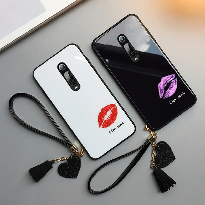 

Case & Strap For Xiaomi Redmi Note 8 Pro phone Cases For Xiaomi Redmi Note 8 7 Pro Fashion Sexy lip print Glass Hard back Cover