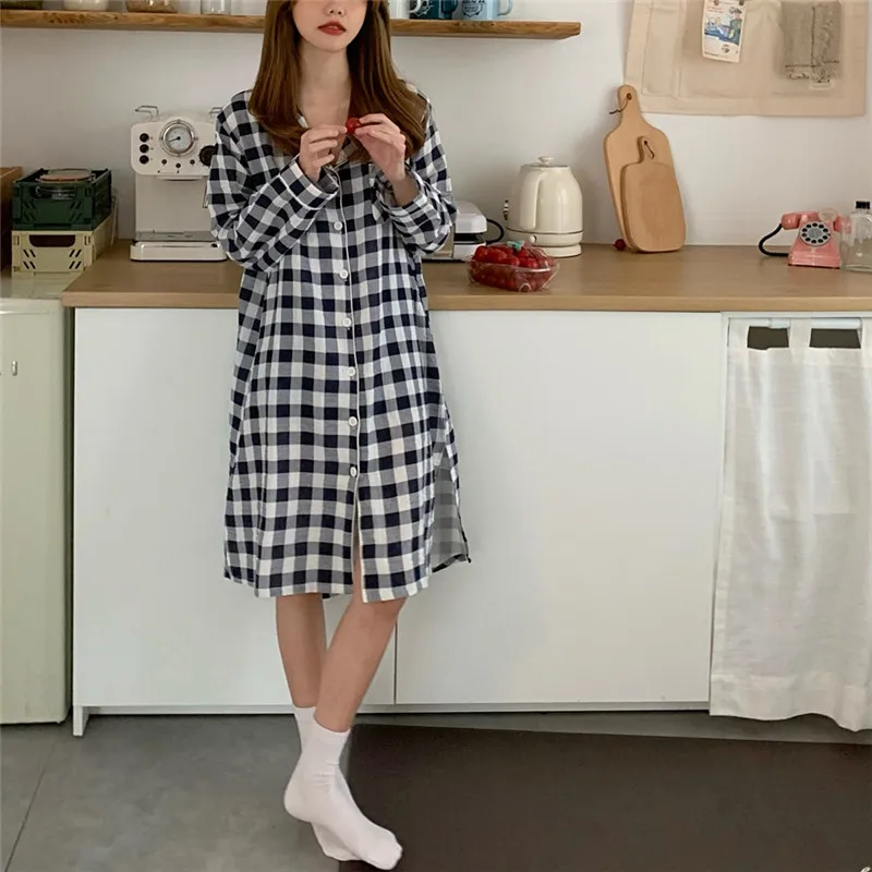 

Женская ночная рубашка, однобортная, в клетку, с отложным воротником, весна-осень, L374