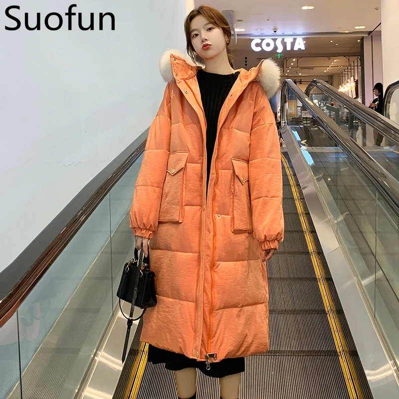 

Solid Hood Large Cotton Wool Collar Down Orange Korean Version Loose Big Pocket Long Thick Ladies Plus Size Winter Jacket Coats