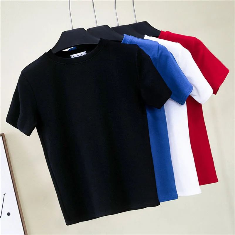 

Cotton Tees Solid Color Women T Shirt Summer Fashion Casual O Neck Tees Top Black All Match Top Streetwear Female Tshirt 2021