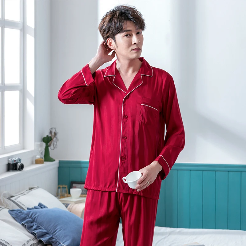 Summer Imitation Silk Pajama for Men Lounge Sleepwear Pyjamas Solid Nightwear Home Clothes Male PJs 2020 Summer Pajamas Sets