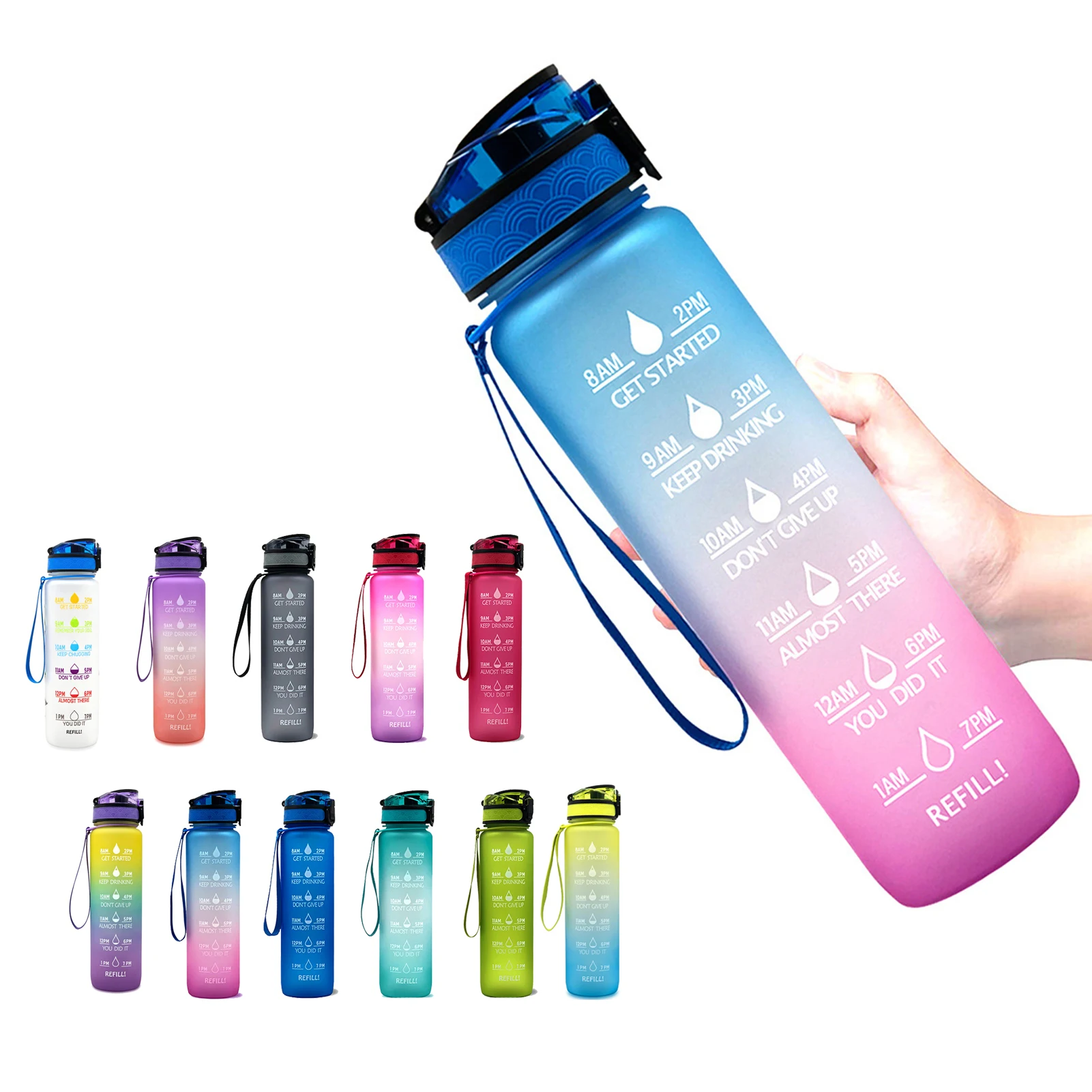 

1L Sports Water Bottle with Time Marker Leak proof Portable Reusable Drinking Kettle Outdoor Workout Fitness Sport Jug