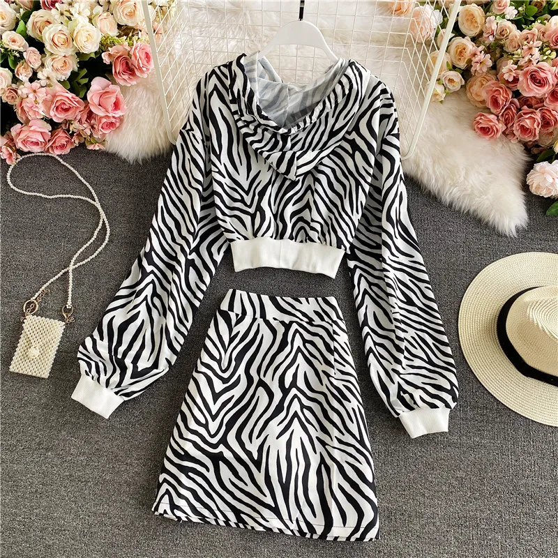 

Autumn Winter Zebra Striped Two Piece Women Elegant Long Sleeve Short Hooded Sweatshirt + High Waist Mini Skirt Female Suit New