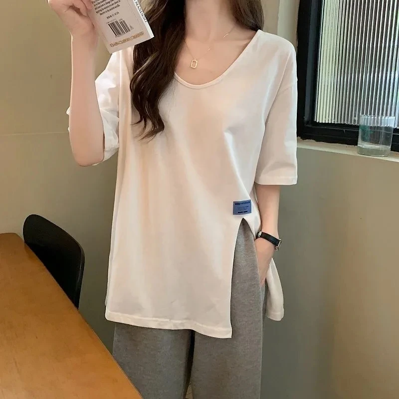

Slit Half Sleeve T-Shirt Loose Casual Korean Fashion Designer Aesthetic Women Shirts For Summer Sale Free Shipping