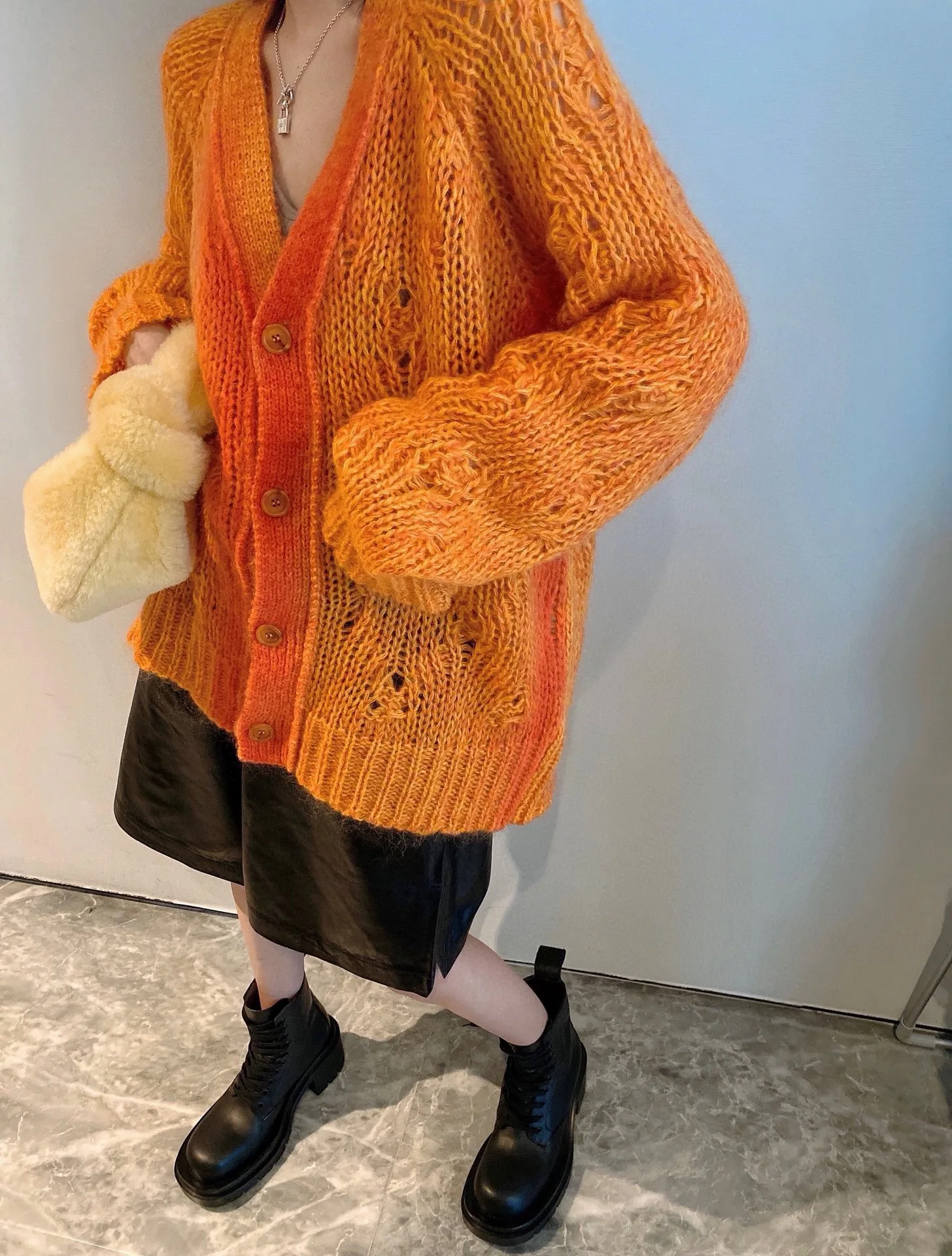 

Fall 2021 Women Sweater Orange Openwork Loose Knit Cardigan