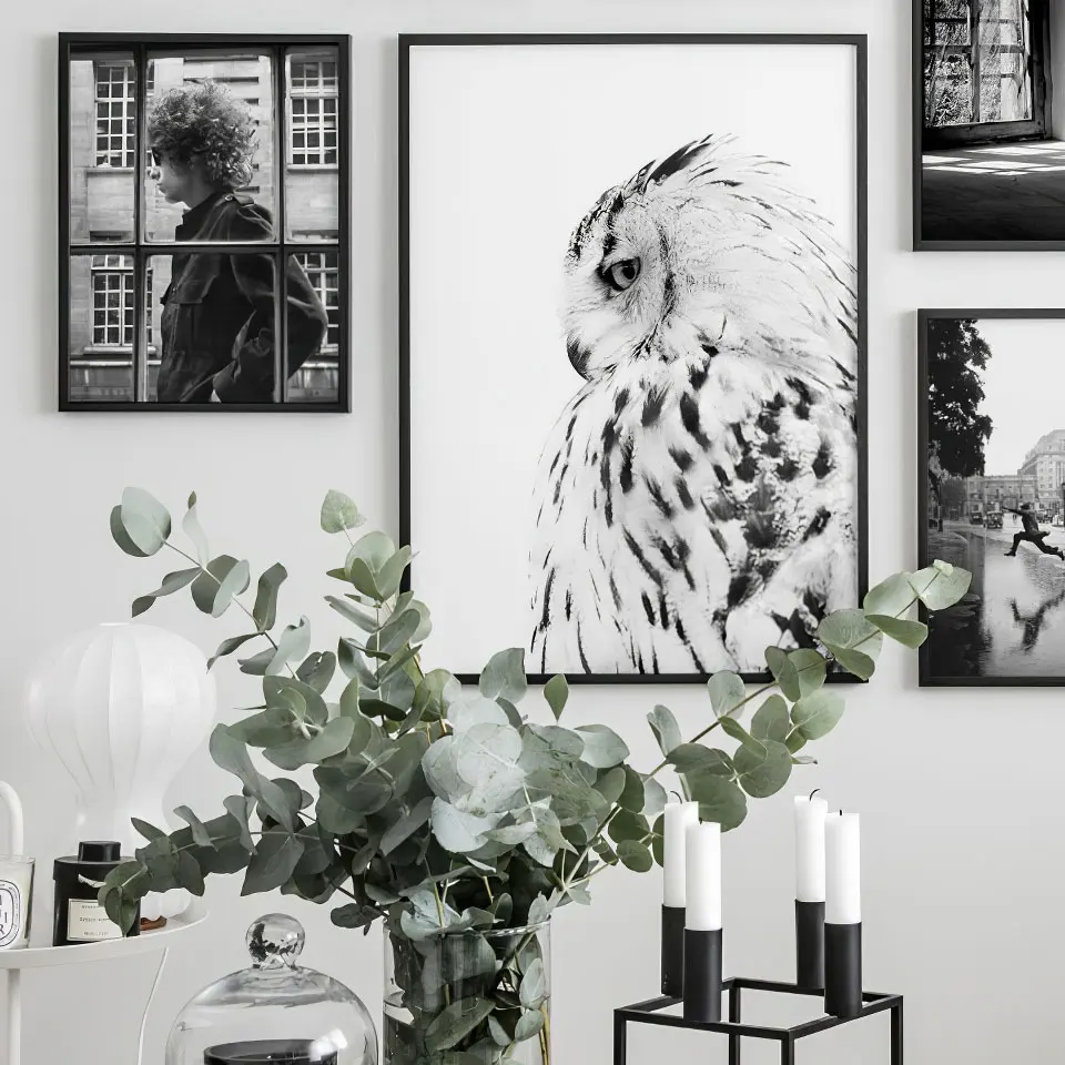 Скандинавский плакат Сова солнечное дерево холст живопись черный белый пейзаж