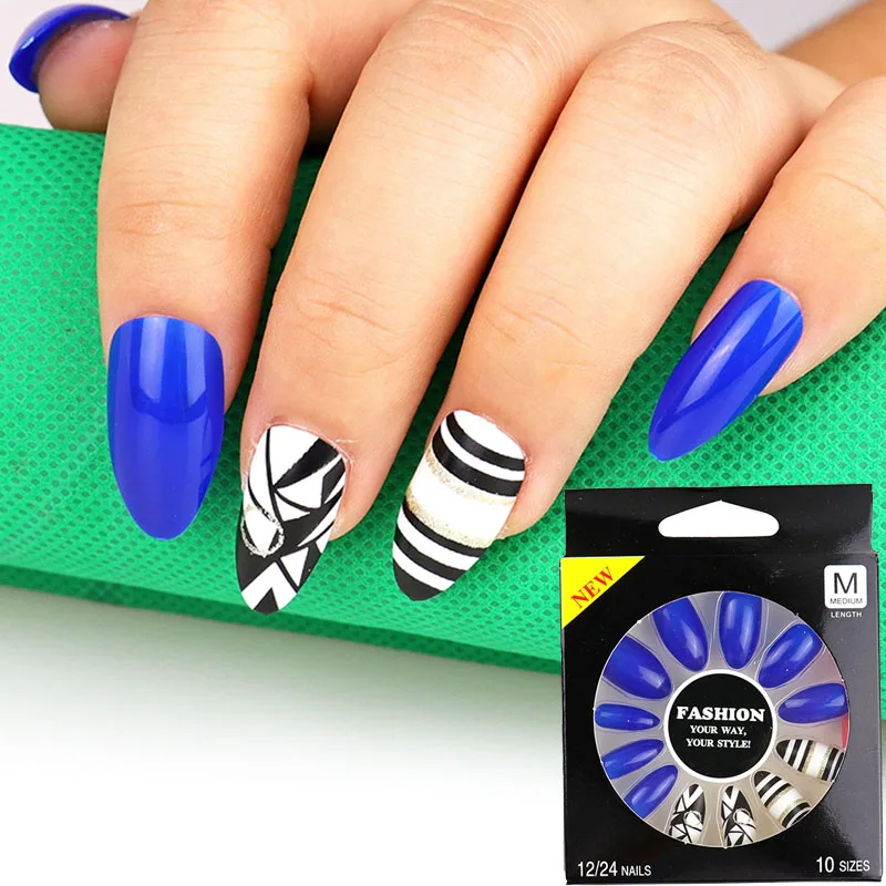 05 12Pcs Long Stiletto False Nail Tips With Glue Colorful Full Cover Fake Nails Tips Manicure Press On Nails Charms - Цвет: 05