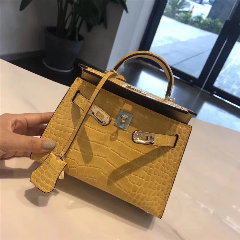 

2019 new second generation Kelly bag yellow crocodile grain cowhide Mini fashion women's One Shoulder Messenger Bag Korean bag