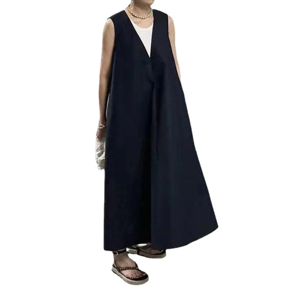 

2021 Japanese Style Korean Fashion Summer New V-neck Solid Color Loose Casual Dress Simplicity Sleeveless Women's