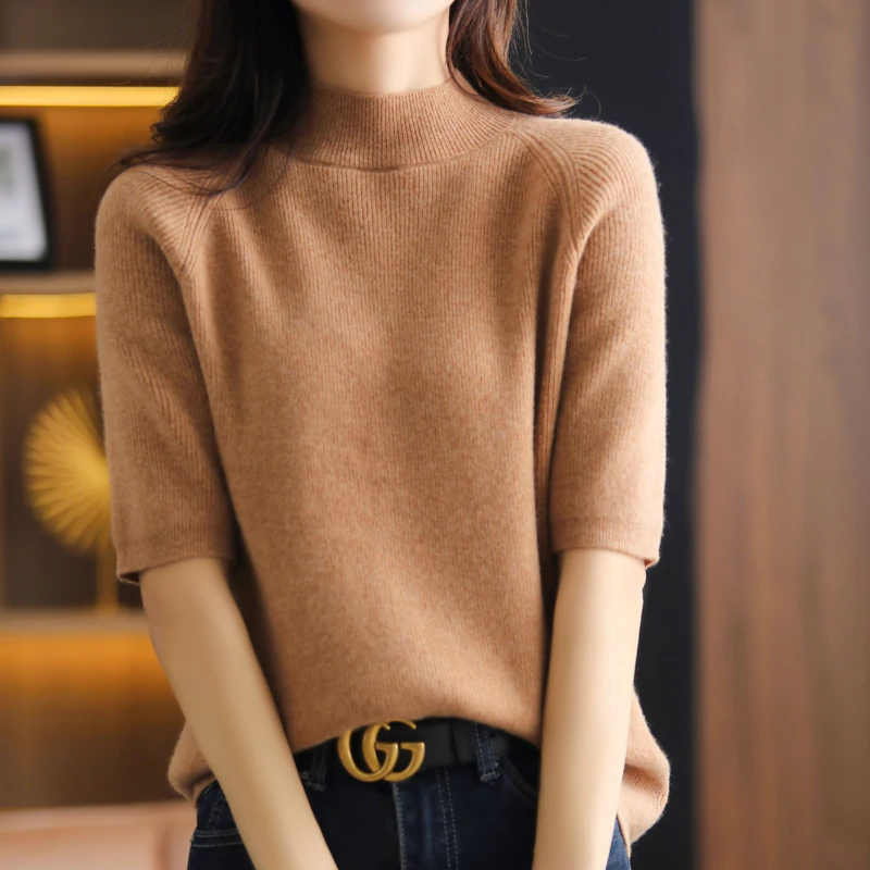 Женская кашемировая Вязаная футболка с коротким рукавом и воротником-стойкой