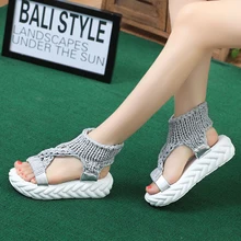 Women Gladiator Sandals Summer Flat Wool Shoes Thick-bottomed Knitting Sandals Solid Ladies Platform