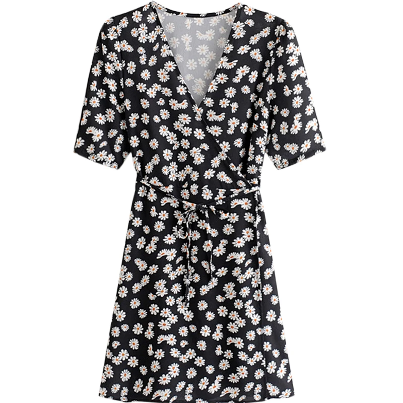 

Sweet Pastoral Style Printed Wrap Dress Versatile Little Daisy Stomach Blanket Lace Skirt French Retro Floral Skirt