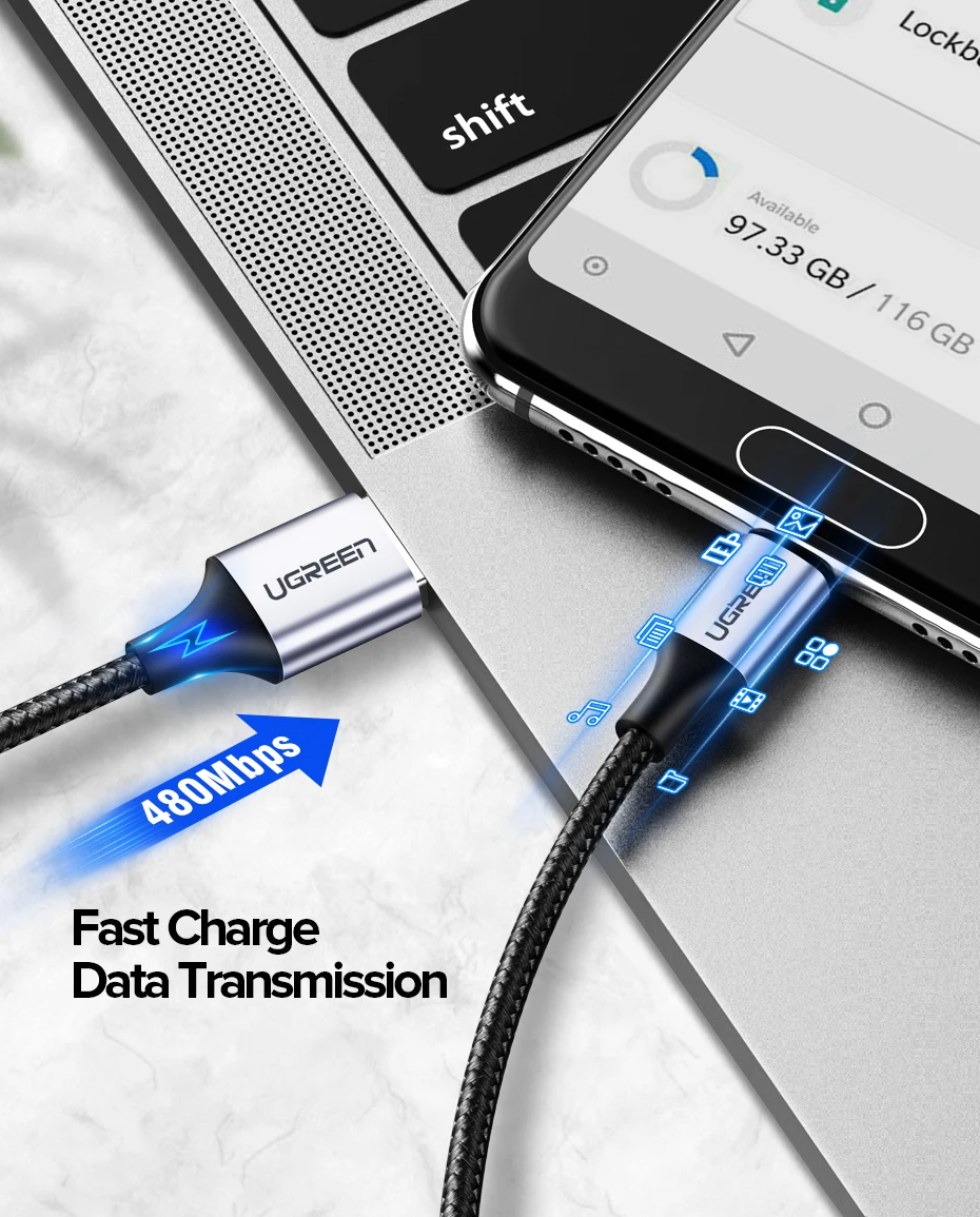 Ugreen usb type-c кабель передачи данных для быстрой зарядки зарядное устройство для samsung s9 s8 huawei xiaomi9 usb c кабель короткий 2 м Android 90 градусов