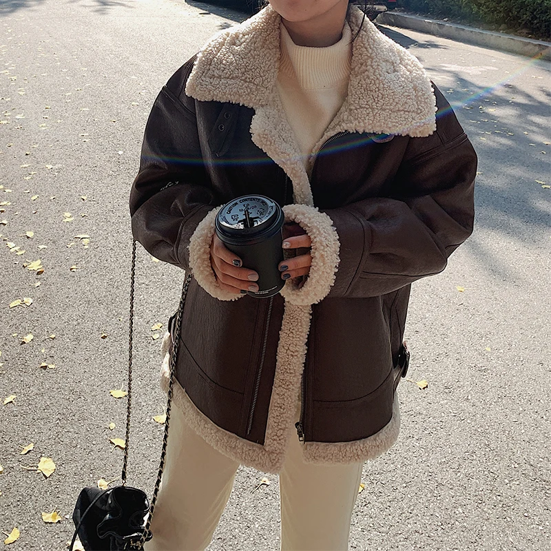 

Women Faux Leather Fur Coats Sheep Leather Shearling Jackets Lady's Fashion Long Sleeve Zipped Outerwear Fall Winter Warm Coat