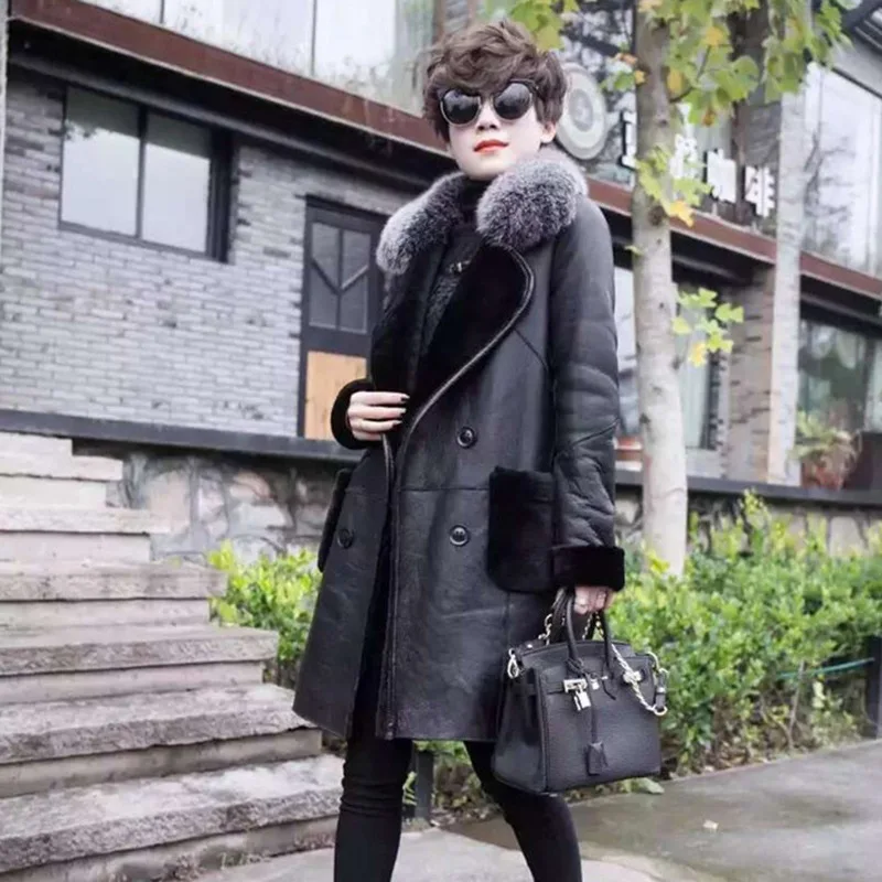 Женская куртка из искусственной кожи зимнее пальто средней длины овечьей с