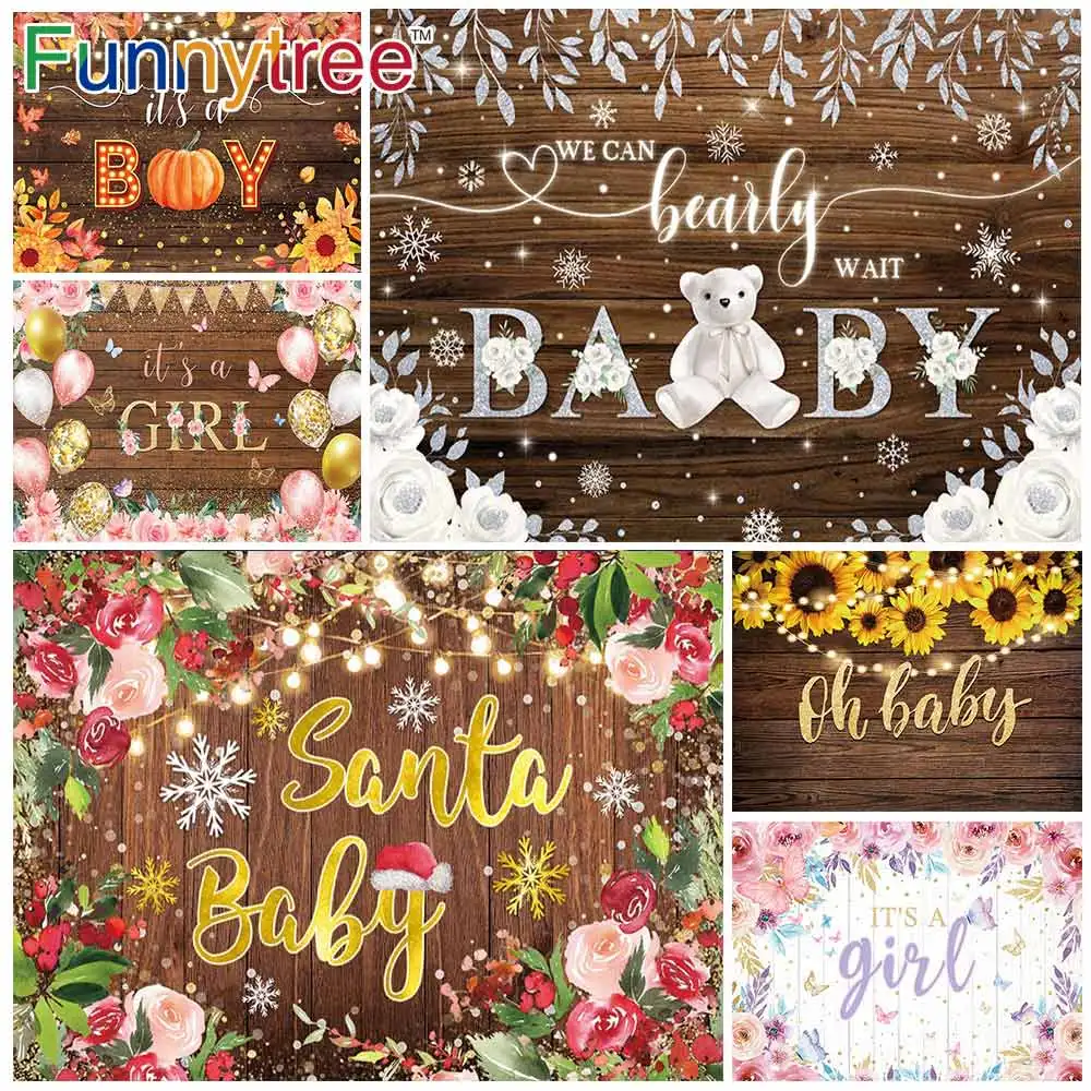 

Funnytree Baby Shower 1st Birthday Party Winter Onederland Wood Backdrop Snow Gold Girl Boy Flowers Photography Props Background