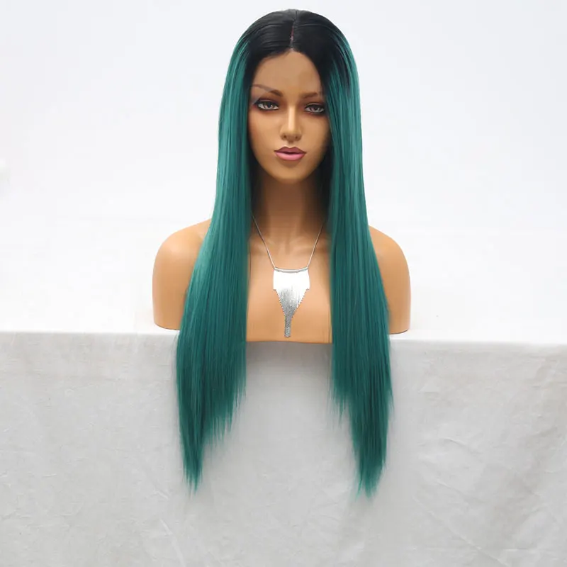 Synthetic 13*3 Lace Front Wig Black Roots Ombre Dark Green Silky Straight Heat Resistant Fiber Hair Middle Parting For Women | Шиньоны и