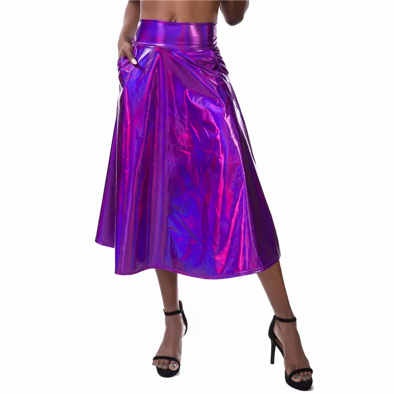 Женская Блестящая голографическая юбка до середины икры свободная