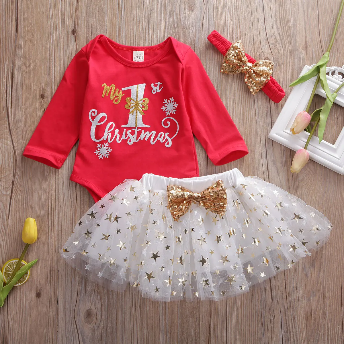 

Pudcoco Newborn Baby Girl Clothes My 1st Christmas Long Sleeve Romper Tops Sequin Stars Tulle Mini Skirt Headband 3Pcs Outfits