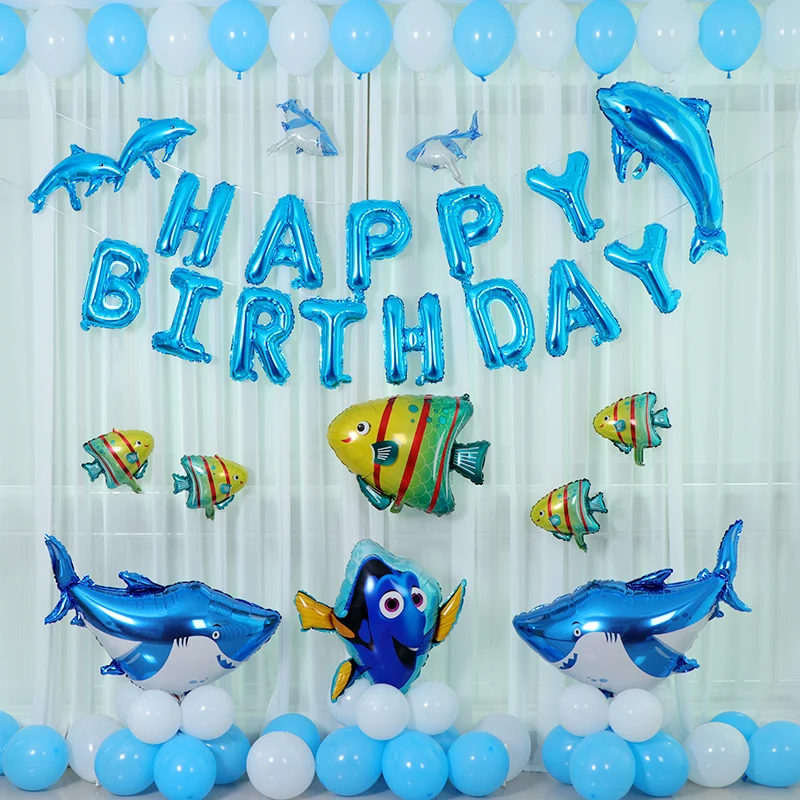 

Under The Sea Marine Animals Themed Blue Balloon Arch Set Shark Dolphin Foil Balloons For Baby Shower Kids Birthday Party Decor