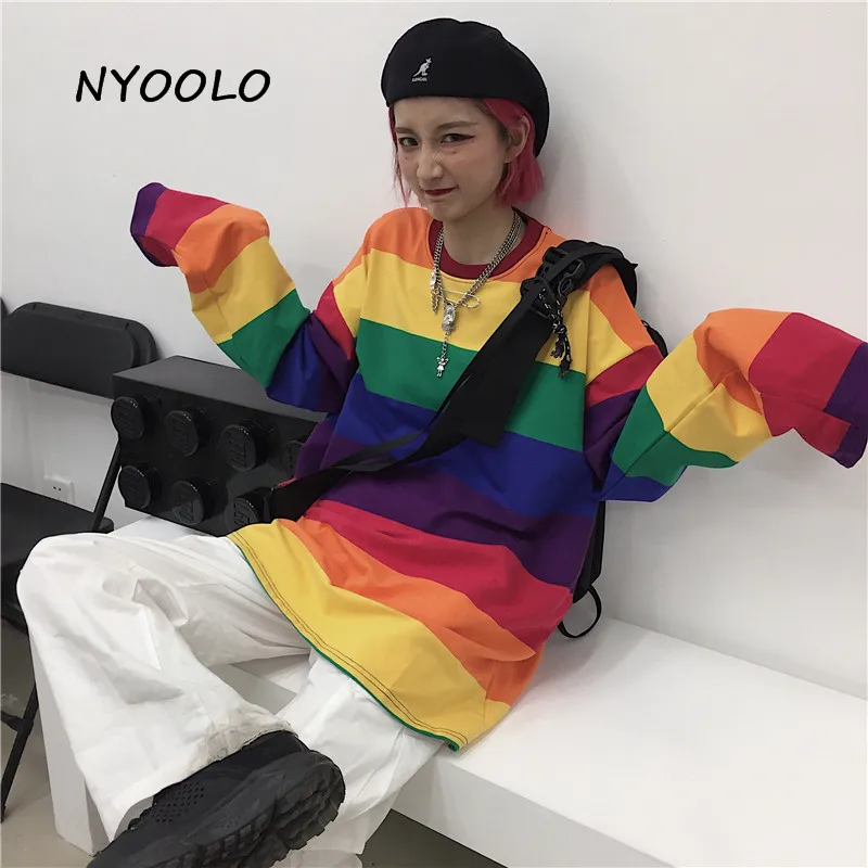 NYOOLO Harajuku винтажная Радужная полосатая Лоскутная свободная футболка Топы Осенняя уличная одежда с длинным рукавом хлопковая Футболка женская одежда