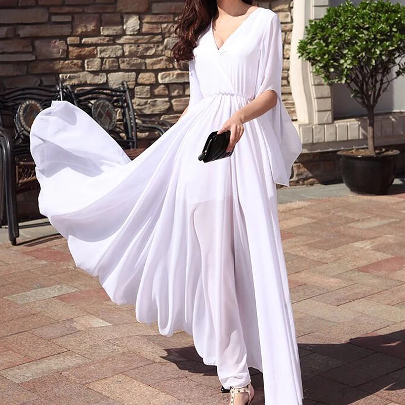 Женское шифоновое платье с глубоким V образным вырезом длинное белое пляжное