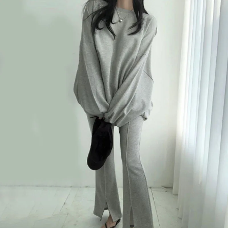 

Tracksuit Chic Korea Simple Grey Pullovers Loose Lantern Long Sleeve Hoodies Casual Solid Split Flare Pants Fashion Pink Sets