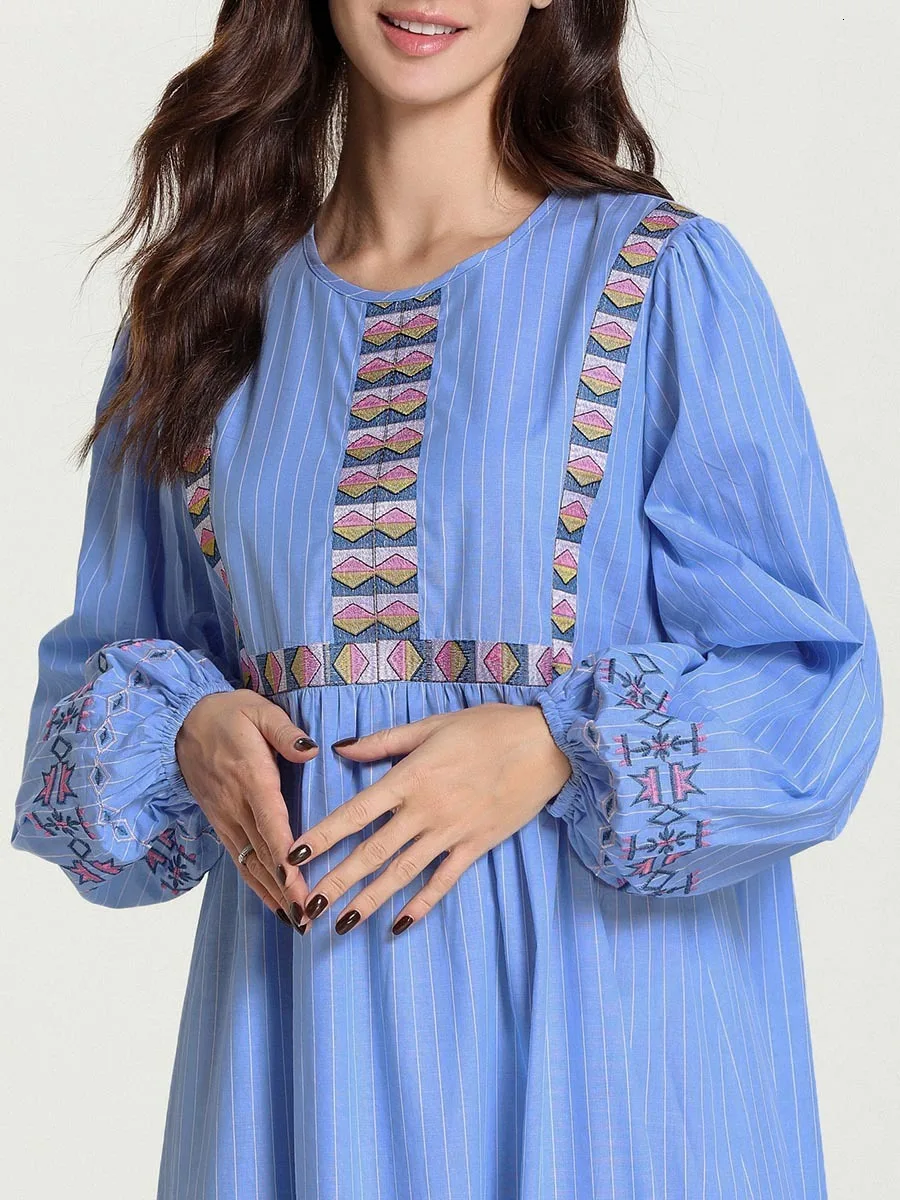 Abayas Дубай синяя полоса вышивка арабское платье для отдыха миди Исламская одежда
