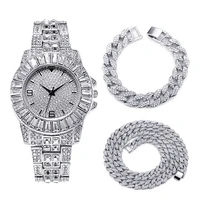 hip hop rapper iced out luxury gold watch for men women iced out rhinestone miami curb cuban chain necklaces for men jewelry set