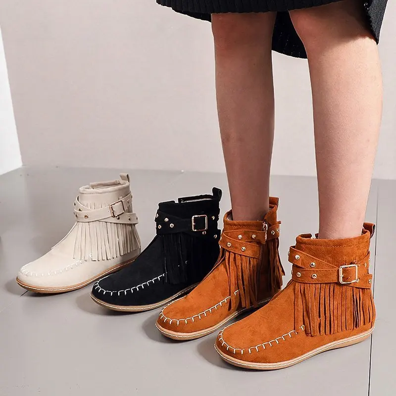 

Woman Zipper Flat Heels Winter Metal Rivet Vintage Cowboy Shoes Tassel Boots Dropshipping Women Faux Suede Ankle Boots Autumn