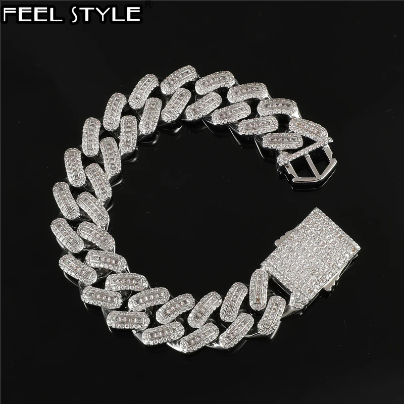 

Hip Hop 18MM Heavy Baguette Prong Cuban Chain Iced Out AAA+ Zircon White Gold Color Bling Bracelet For Men Women Jewelry