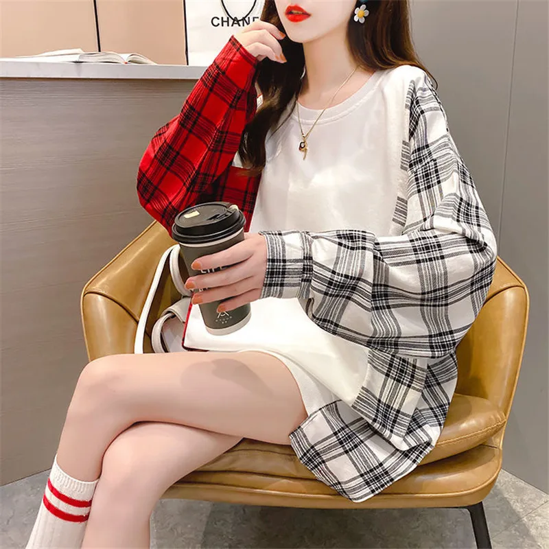 

Harajuku Plaid Sweatshirt Women Oversized Clothes Autumn Casual Office Hoodies Pullover Loose Jumper High Street Hoodie Females