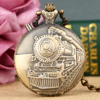 bronze running steam train pocket watch men bronzesilvergold case quartz watch pendant fob chain retro clock gift reloj