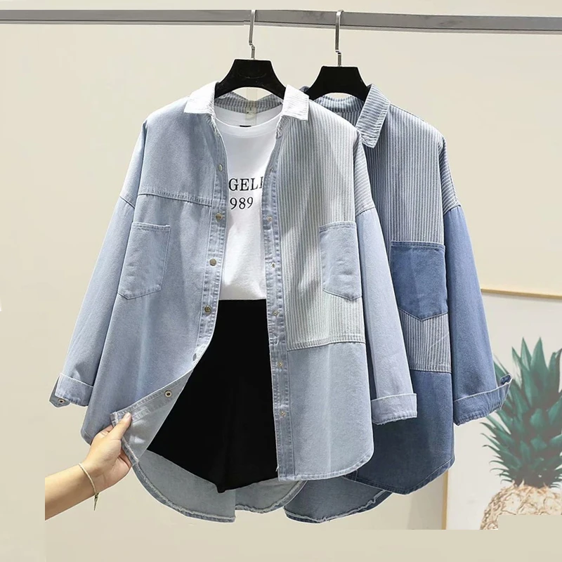 Синий в полоску из смешанных материалов Джинсовая блузка для женщин Корейском