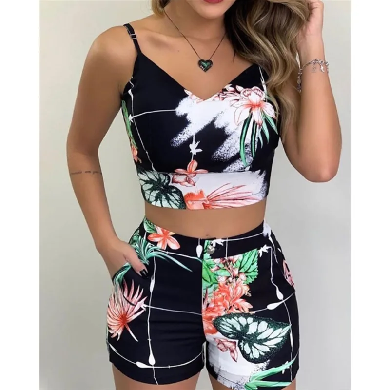 

2021 Summer Beachwear Fashion Women Sleeveless Floral Printed Camis Vest+Shorts Two Piece Set Casual Clothing Suit