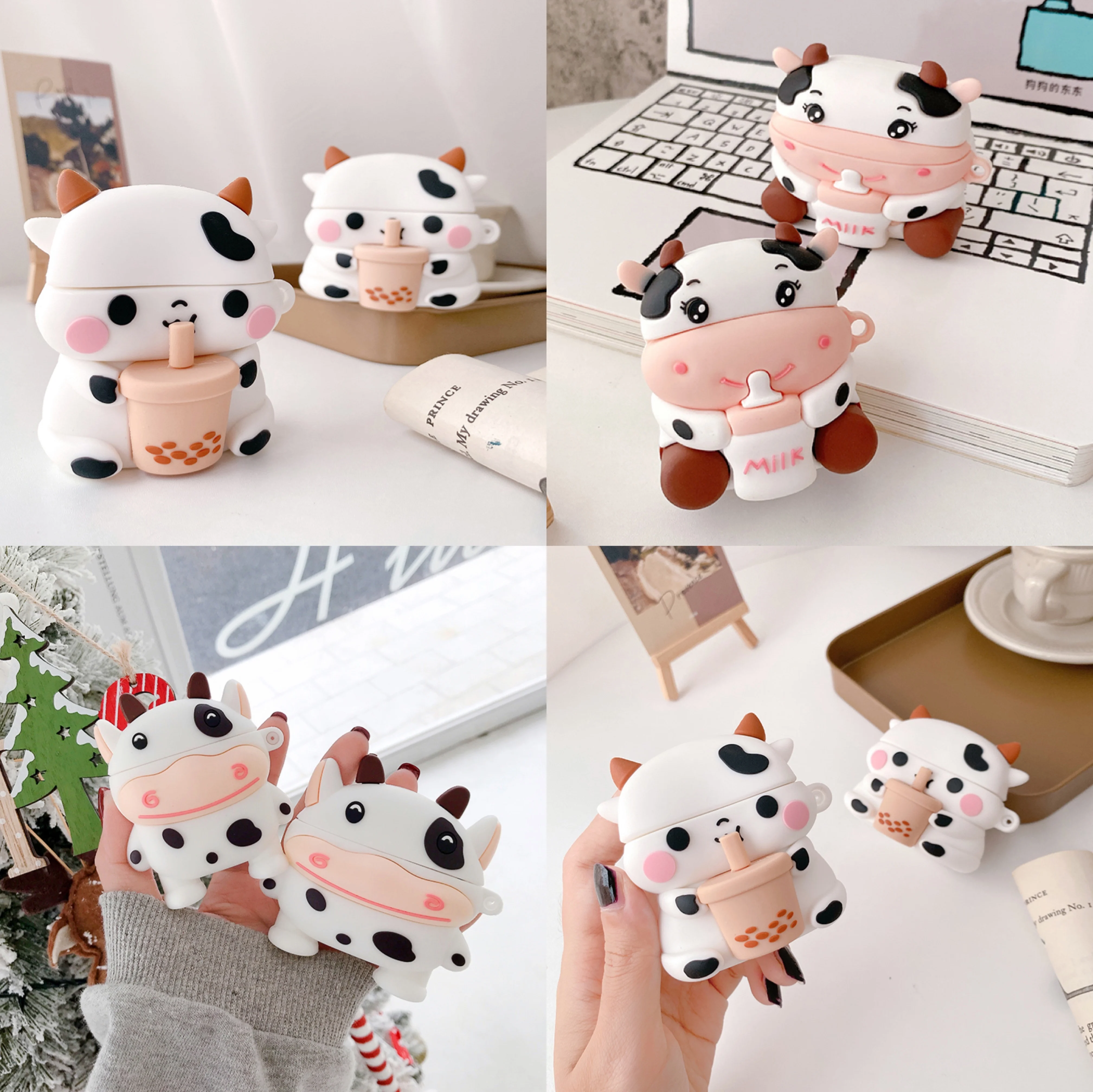 Симпатичный чехол для AirPods 1 2 Pro мультяшный 3D бычьего рогатого скота молока чая