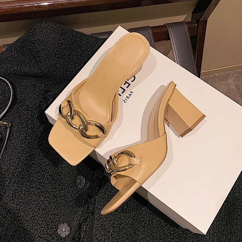

Meotina Genuine Leather Women Sandals Metal decoration Chain Design Slippers Square Toe Thick Heel Ladies Slides Summer Apricot