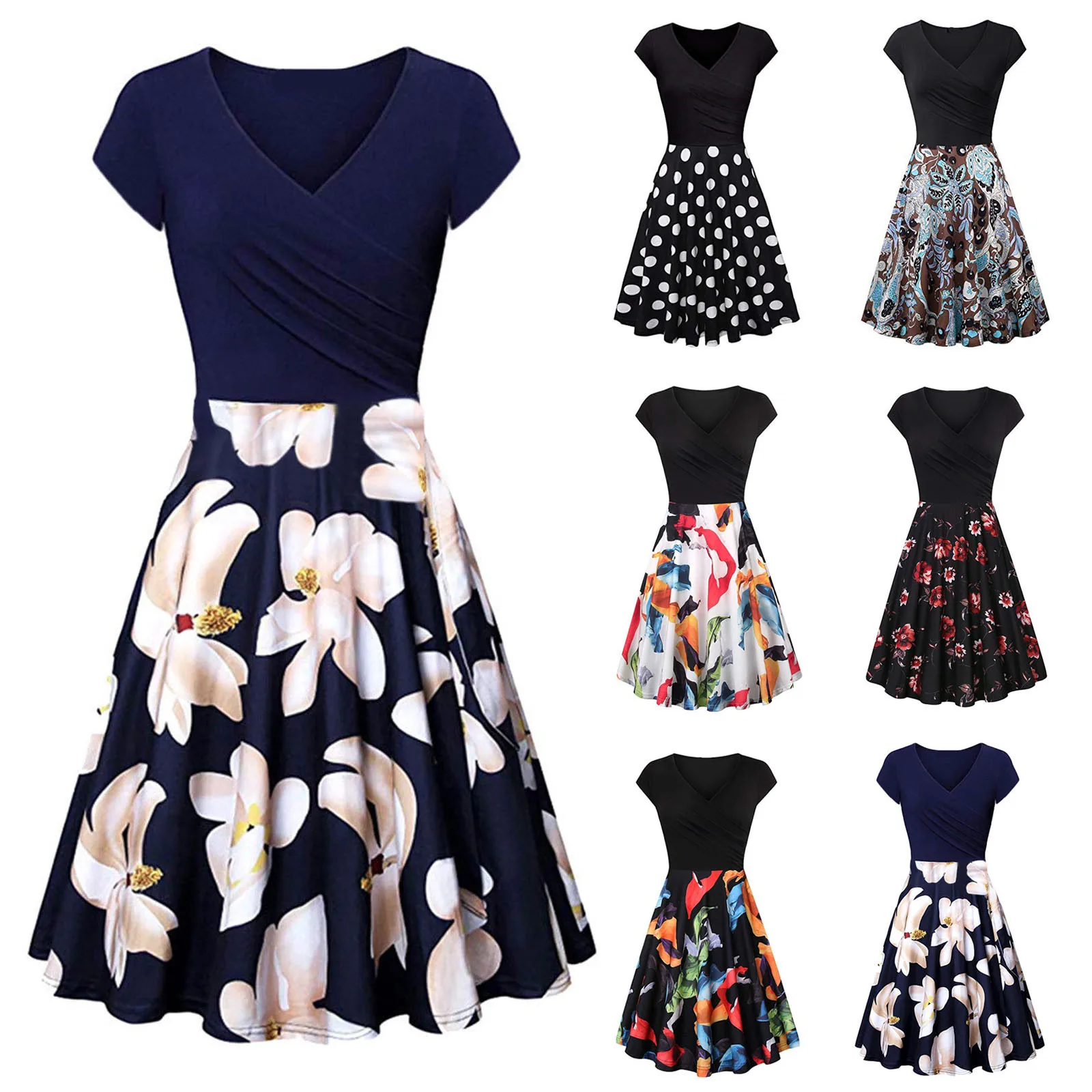 

Casual Dress New Style Summer Women Fashion V-neck Print Short Sleeve Loose Dress 2021