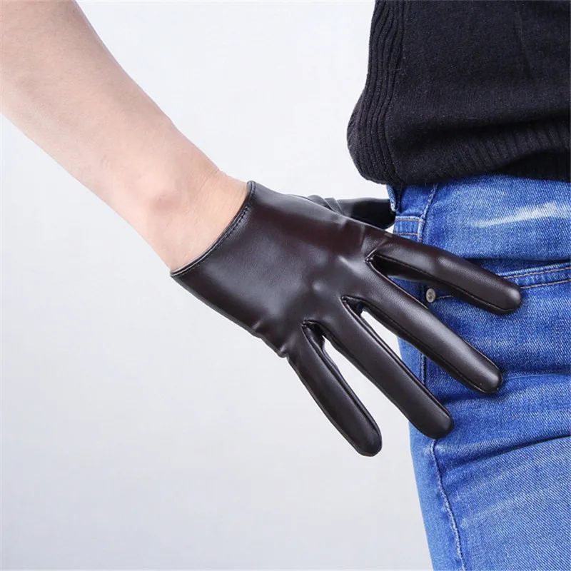 

16cm Female Touchscreen Leather Gloves Ultrashort Emulation Leather Sheepskin Mirror Bright Leather Dark Brown Coffee