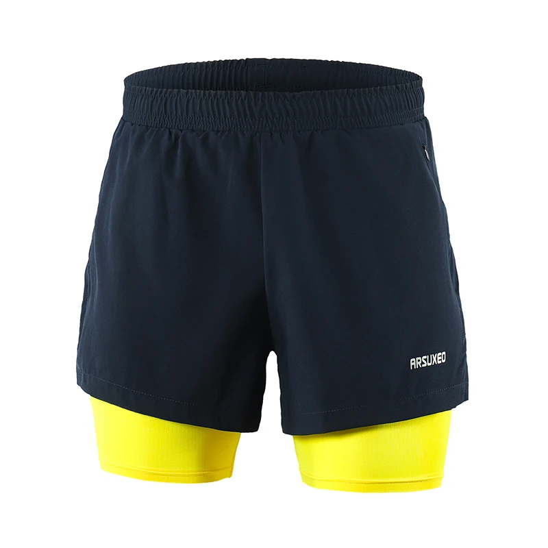 Blue and yellow ARSUXEO для бега спортивные мужские шорты для тренировок бега Спортивные шорты 2 в 1 шорты для женщин с более лайнер быстросохнущая B202 - Цвет: Blue and yellow