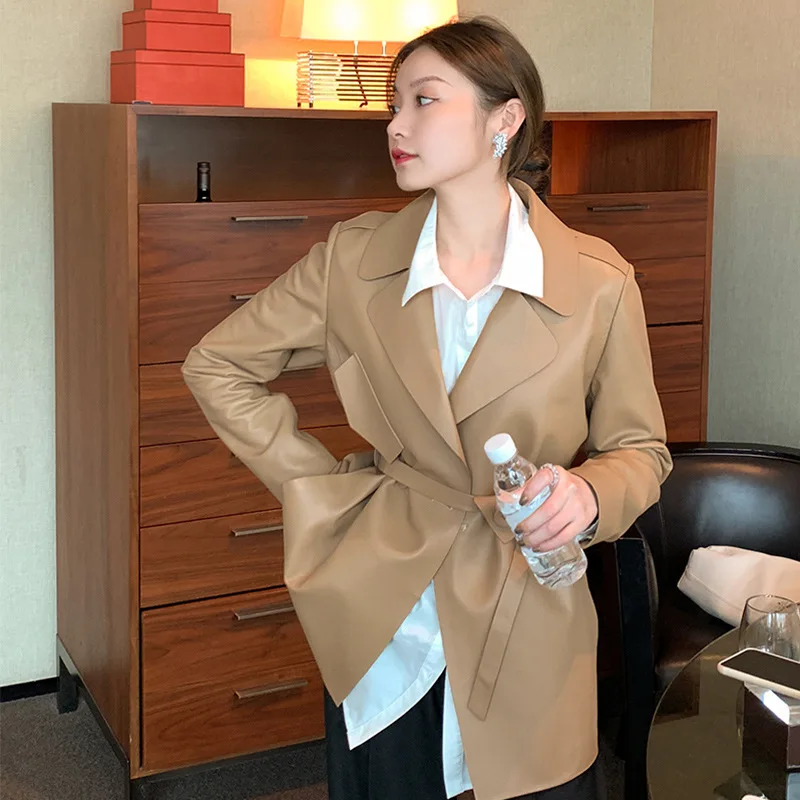 Women 2021 Spring New Female Office Real Leather Mid Length Jacket with Belt Fashion Sheath Temperament Khaki Sheepskin Coat