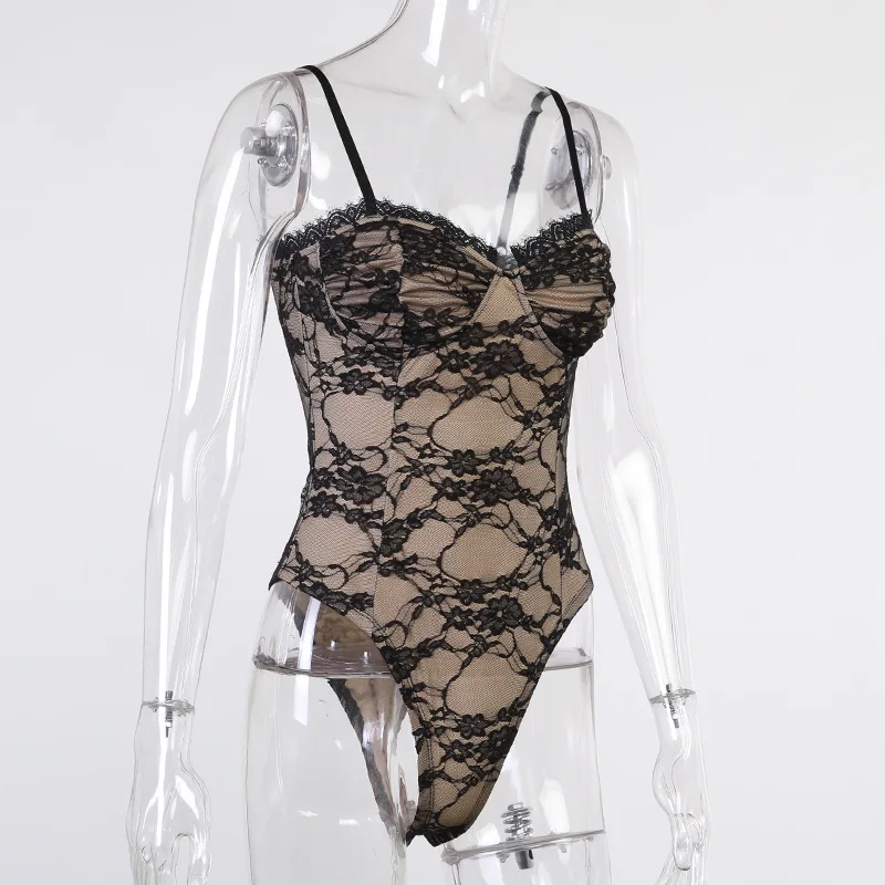 

Laertes Summer Women Bodysuit Sexy Spaghetti Strap Mest Lace Patchwork Jumpsuit Sleeveless Backless Romber Underwear Nightwear