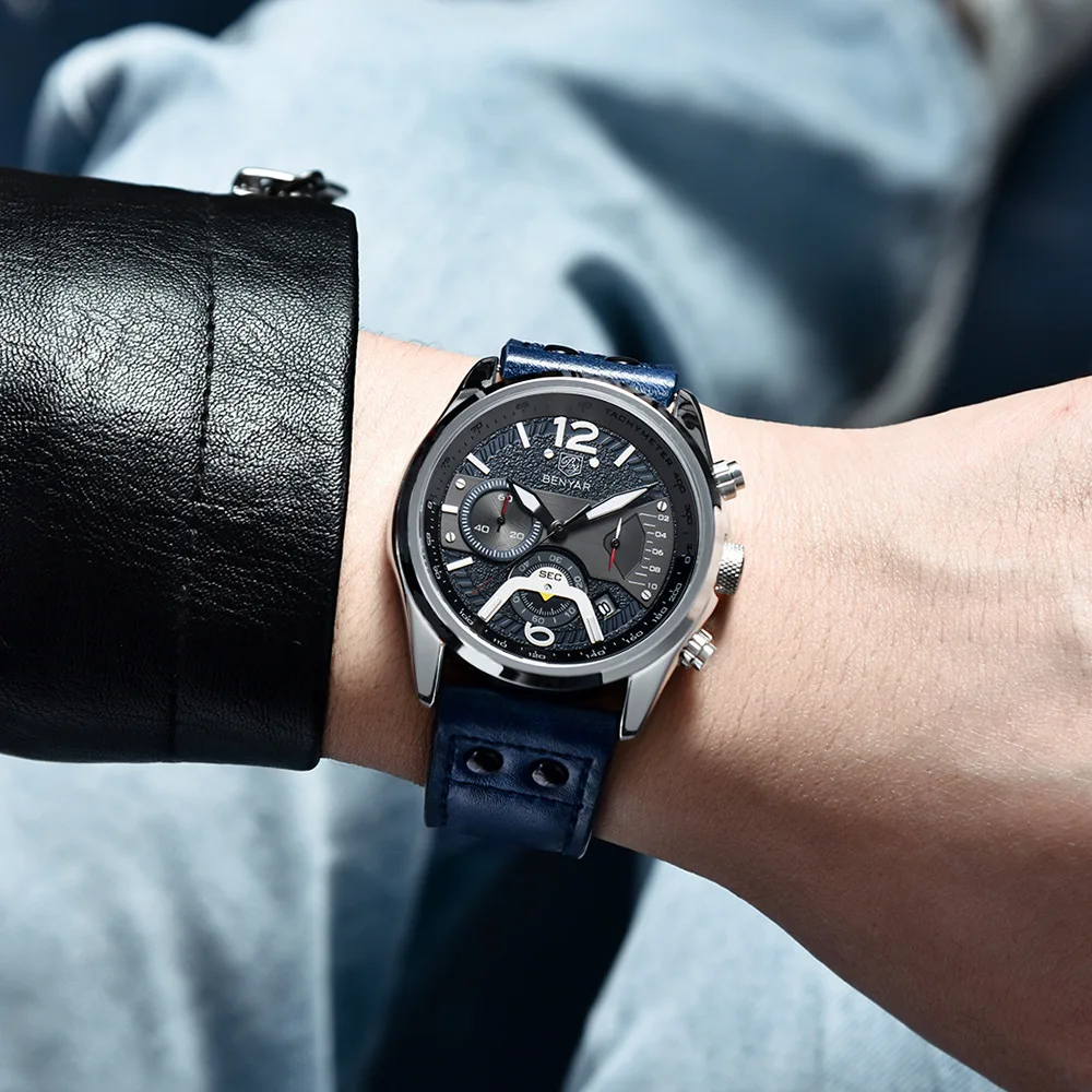 

Benyar Men's Watch Fashion Sports Multi-function Chronograph Leather Quartz Watch Luxury Watch Men Watches Cool Watches for Men