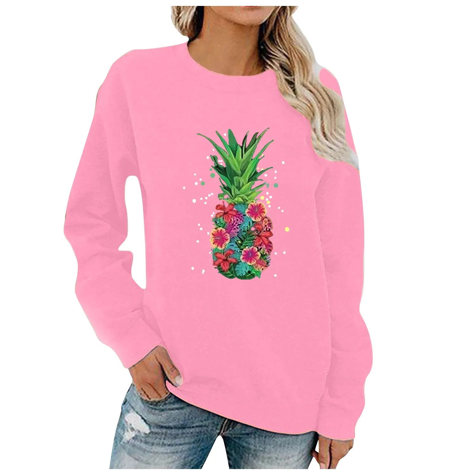 Женские Простые топы с круглым вырезом топ мультяшным принтом ананаса и длинным