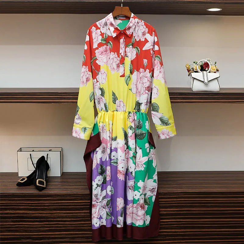 

High Quality Fashion Women Spring Autumn Vintage Elegant Color Matching Flower Print Loose Temperament Dress
